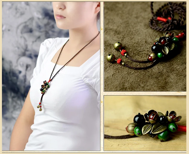 Длинное этническое ожерелье макси для женщин, красный, зеленый, черный камень, бронзовый цветок, подвеска в виде капли, цепочка, мода, винтажные ювелирные изделия