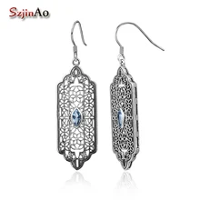 Szjinao модный большой цветочный дизайн 1ct Аквамарин висячие серьги из стерлингового серебра 925 пробы для женщин длинные винтажные золотые ювелирные изделия в богемном стиле