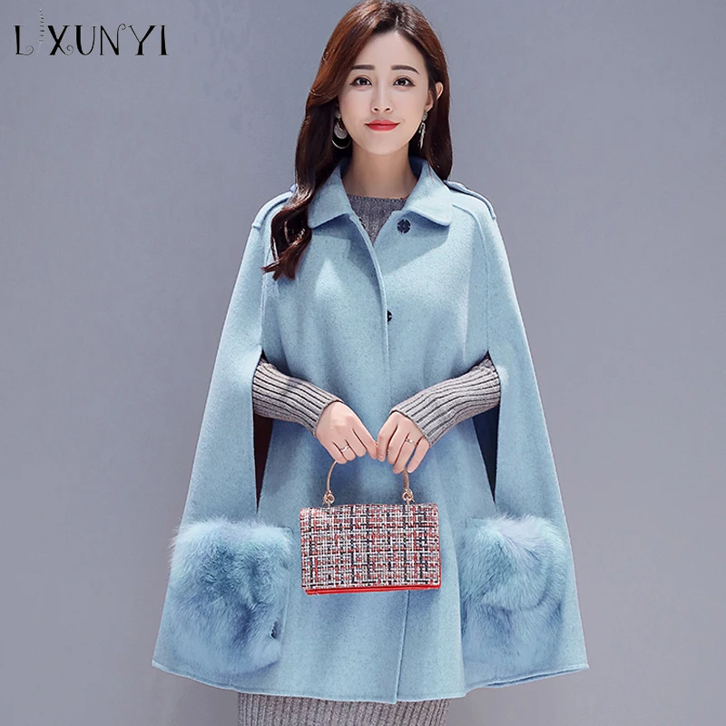 2018 New Autumn Mid Wool Cape Coat Women Korean Style A Line Cloak Coats Fashion Turn Down Collar Abrigos Mujer Elegante Pink