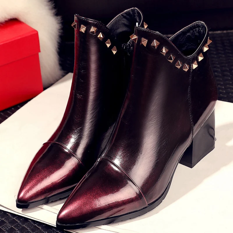 

2015 Spring Autumn Popularity Women Boots  Luxurious Pointed Toe Square Heel Ankle Boots Fashion Riding Boots
