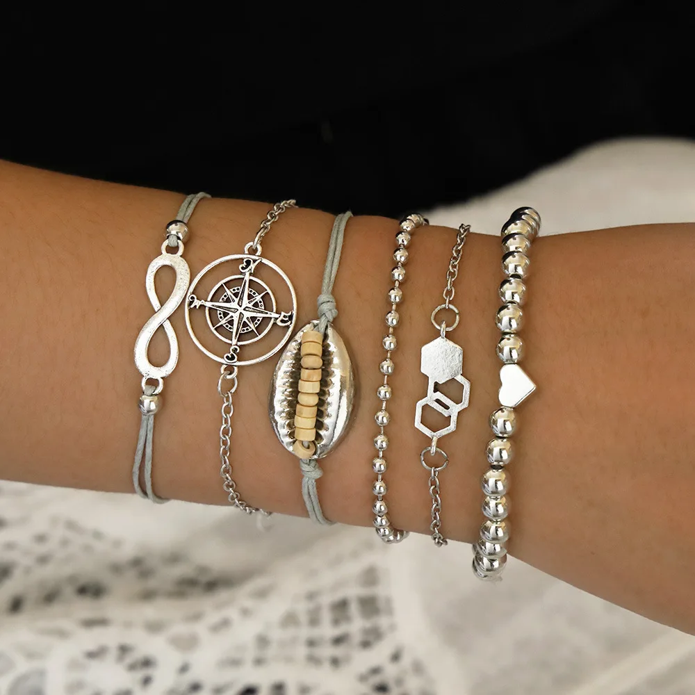 Мода оболочки 8 слов компас Сердце бисером серебряные браслеты Шарм женщин день рождения подарок ювелирные изделия Женский браслет набор