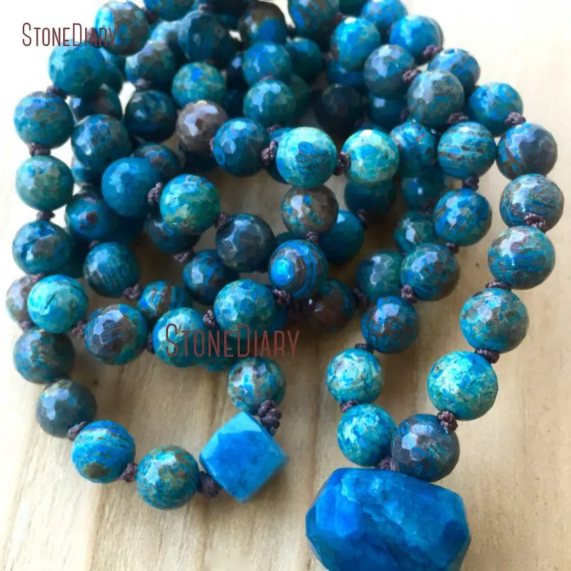 20180313-NM11103-Faceted Striated Jasper, Chrysocolla Mala Beads Protection Throat Chakra Yoga Jewelry Meditation Silk Sari Tassel Necklace_3