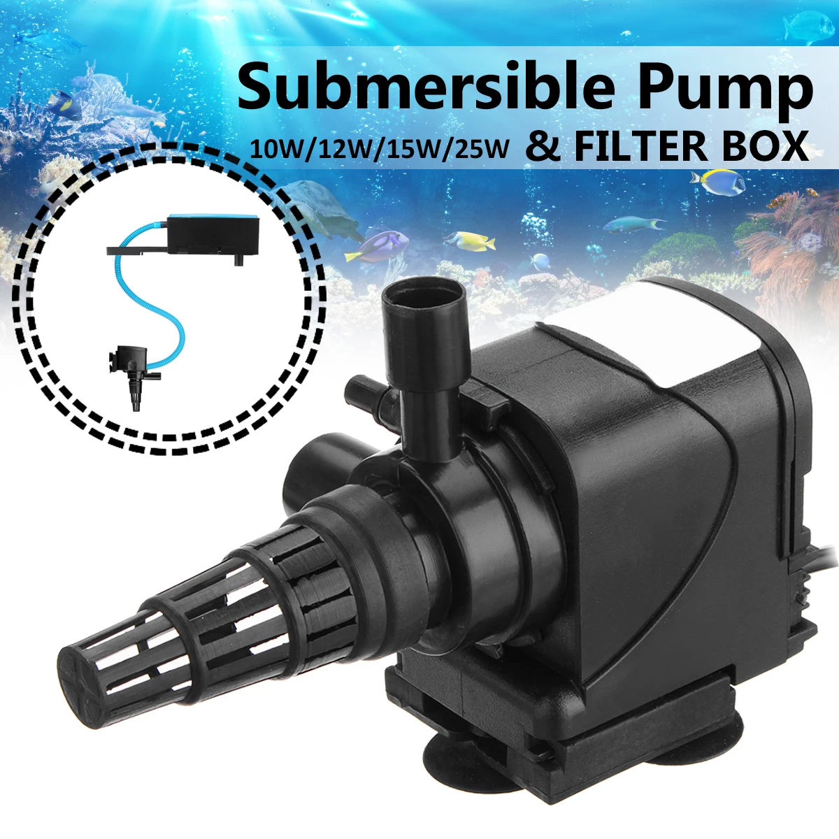 10/12/15/25W 3 In 1 Submersible Water Pump With Filter Box Aquarium