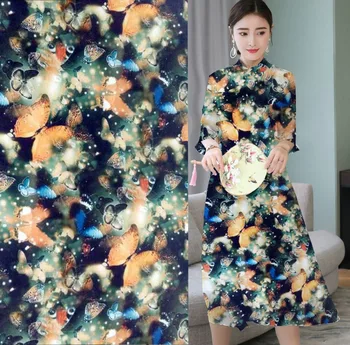 

high voilette 19mm 97% silk 3% spandex sexy butterfly flower print silk satin fabric for summer dress shirt clothes scarf Tissu