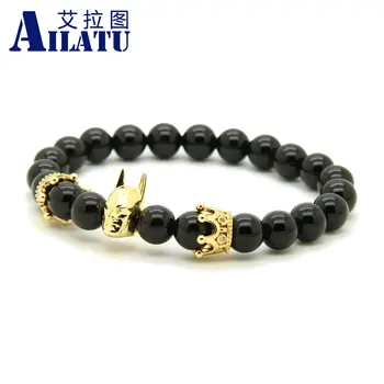 

Ailatu 10pcs/lot Fashion Roman Knight Crown Bracelet 8mm A Grade Black Onyx Stone Beads Fine Men Women Charms Jewelry