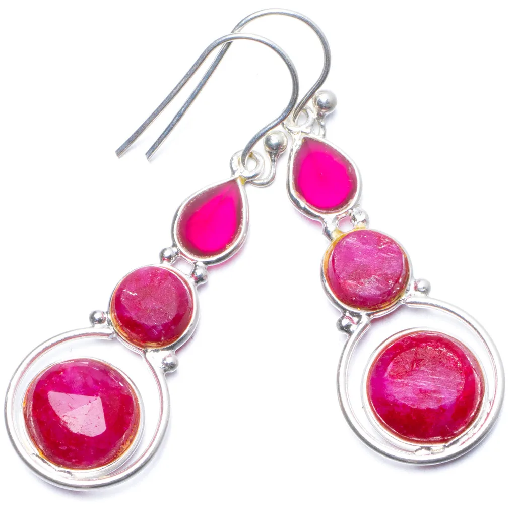 

Natural Cherry Ruby Handmade Unique 925 Sterling Silver Earrings 1.75" Y0600