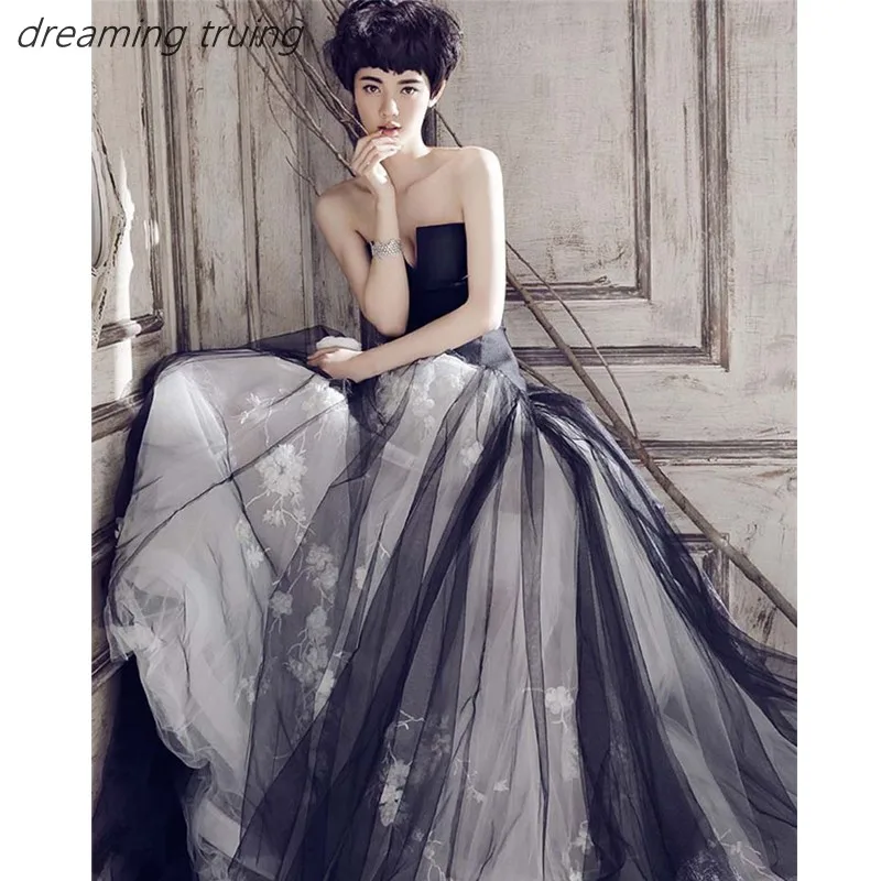 2019 Gothic Black Wedding Dress Boho Style Open Back A Line
