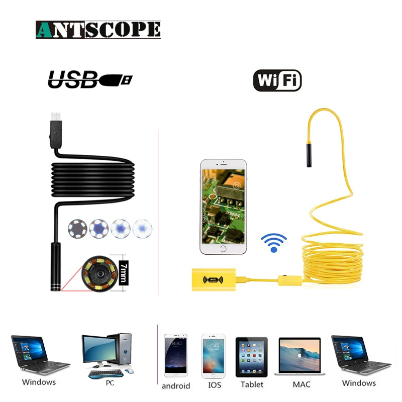 Antscope Wi-Fi 8 мм эндоскопа 2/5/10 M желтый проводных 1200 P Android iOS Otoscopio 7 USB Softwire Камера