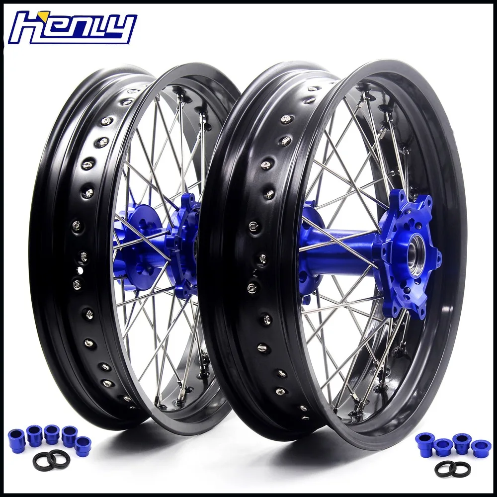 

3.5/4.25*17 SUPERMOTO SPOKED WHEELS SET FOR YAMAHA YZ125 YZ250 YZ250F YZ450F BLUE HUBS