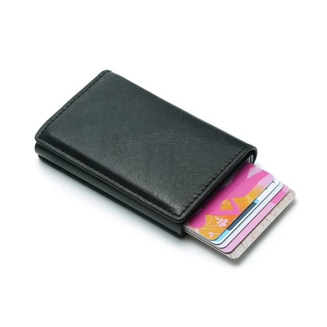 DIENQI Anti Rfid Protection Men Women Credit Card Holder Leather Vintage Slim Mini Wallet Metal Aluminum Business id Card Case -