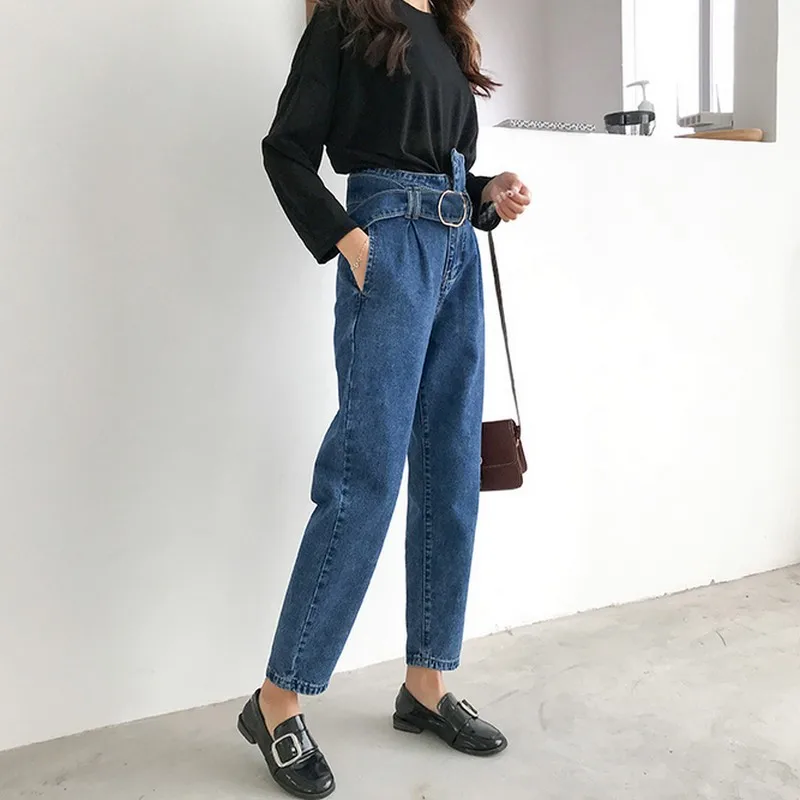 Boyfriend Jeans For Women Fashion Loose Women Jeans With High Waist Personality Asymmetrical Belt Vintage Denim Pants
