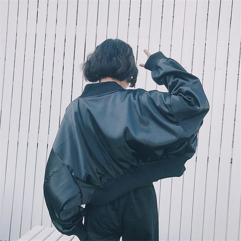 Зимняя куртка-бомбер для женщин Harajuku Pilot негабаритный свободный сплошной цвет рукав летучая мышь пальто короткий стиль Шикарный кольцо молния повседневная куртка