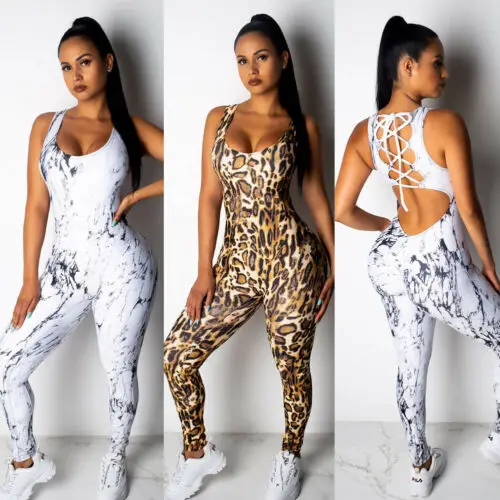 Sexy Women Sport Gym Romper New Summer Leopard Sleeveless Backless Fitness Running Ladies Jumpsuit Bodycon Clothes S-XL