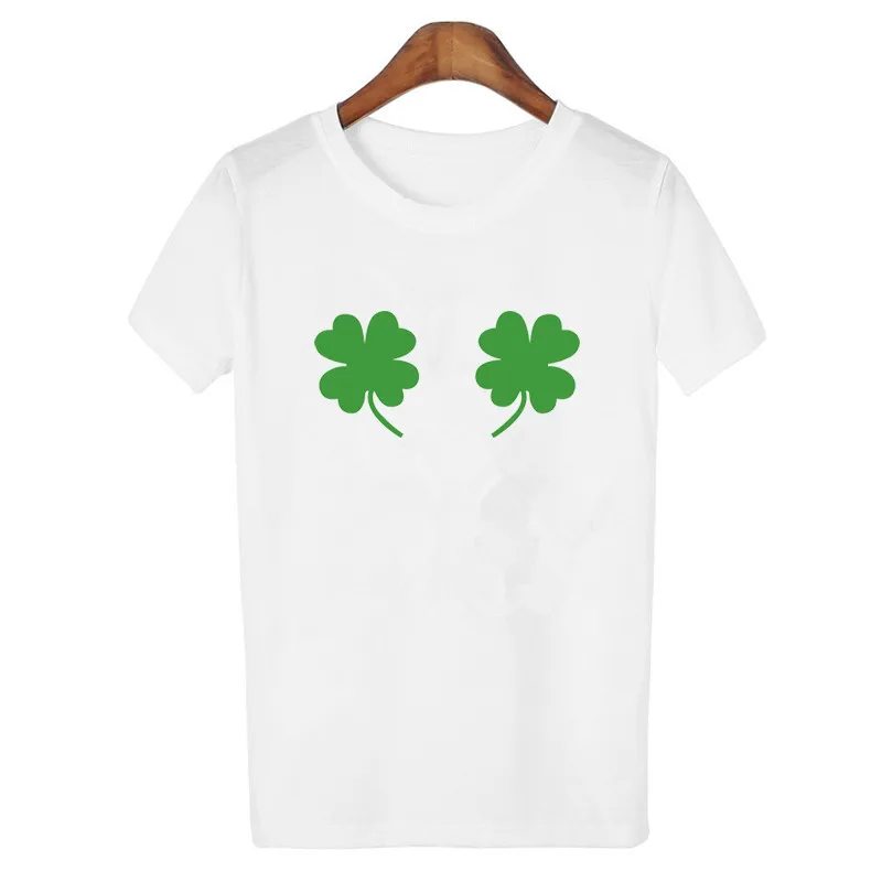 

LUSLOS St Patricks Day T Shirt Printed On American Apparel Tee Tops Chest Clover Boobs Funny Shamrocks Women's Short Sleeve