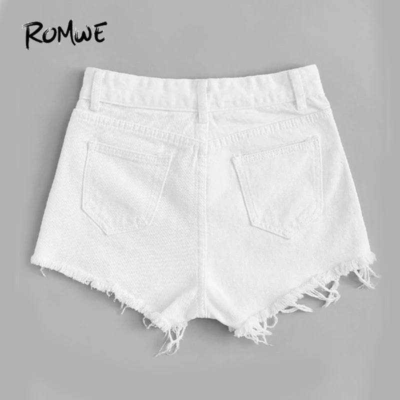 ROMWE, бежевые Рваные джинсовые шорты с потертостями, женские летние модные пляжные шорты, простые джинсовые шорты с двумя карманами