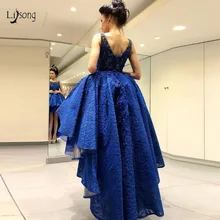 Suadi арабское Королевское голубое кружево Высокая Низкая Выпускные платья Красивые 3D цветок вышитые бисером вечерние платья на выпускной Модные Вечерние Платья Vestidos Longo