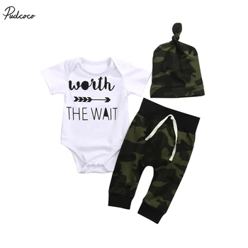 

WORTH THE WAIT Cotton Romper Baby Boys Girls Clothes Outfit Short Sleeve Jumpsuit Camouflage Pants Baby Clothing Set