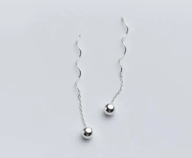 

100% Real. 925 Sterling Silver Fine Jewelry Waterwave /Twisted Beads Charms Pull Through Threader earrings Dangle Long gtle1999