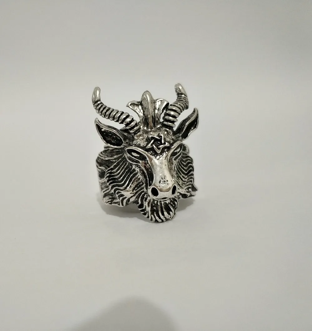 

Retro Sheep Goat Horn Head Finger Ring Satan Worship Baphomet Aries Zodiac Wicca Star For Men Boy Gift Punk Biker Animal Jewelry