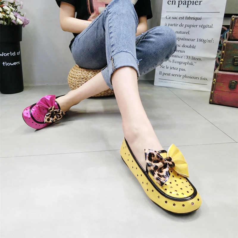 

2019 new hole hollow patent leather bow leopard low shoes peas shoes lazy shoes women's shoes