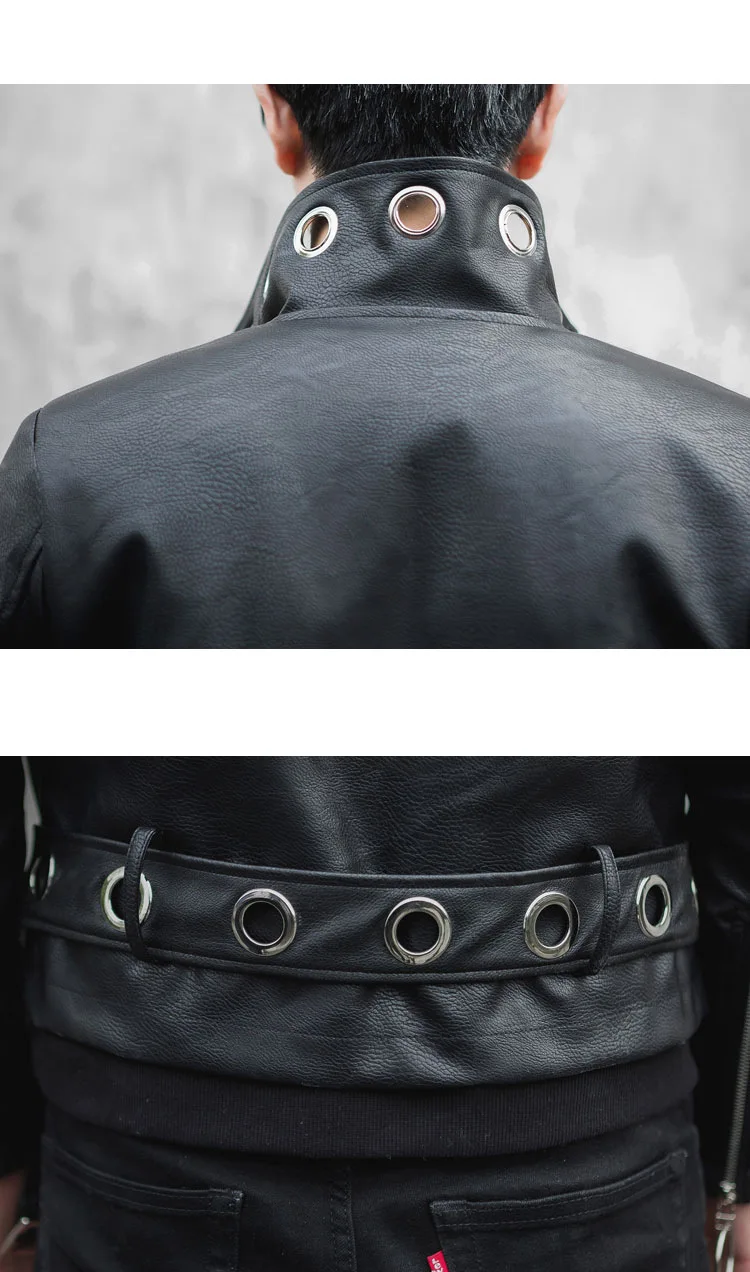 Для мужчин Кожаная куртка Модные панк готический мотоциклетные мужской тонкий жакет Fit короткое кожаное пальто рок сценические костюмы