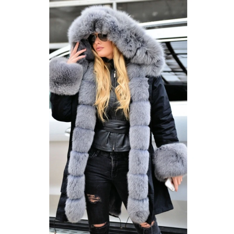 Tatyana Furclub Новая женская куртка из натурального меха, зимняя одежда, толстое теплое пальто больших размеров, черная верхняя одежда с большим меховым воротником, парки