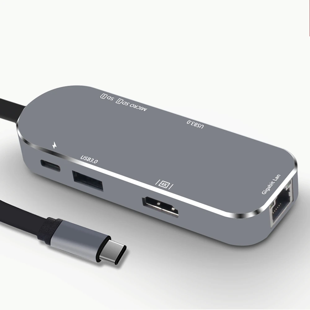 USB c концентратора адаптер Dongle Dock с Тип c PD Мощность 4 К видео HDMI SD Card Reader Gigabit Ethernet адаптер USB-C Тип-C 3.0 концентратора - Цвет: Серый