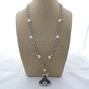 

N011408 25" 2Strands White Pearl Chain Necklace Green CZ Pendant