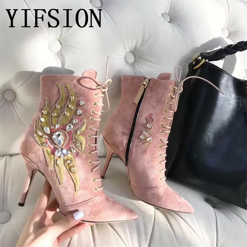 

OLOME Genuine Leather Crystal Gladiator Lace Up Women Boots Sexy Pointed Toe Thin High Heel Women Party Boots Shoes Woman