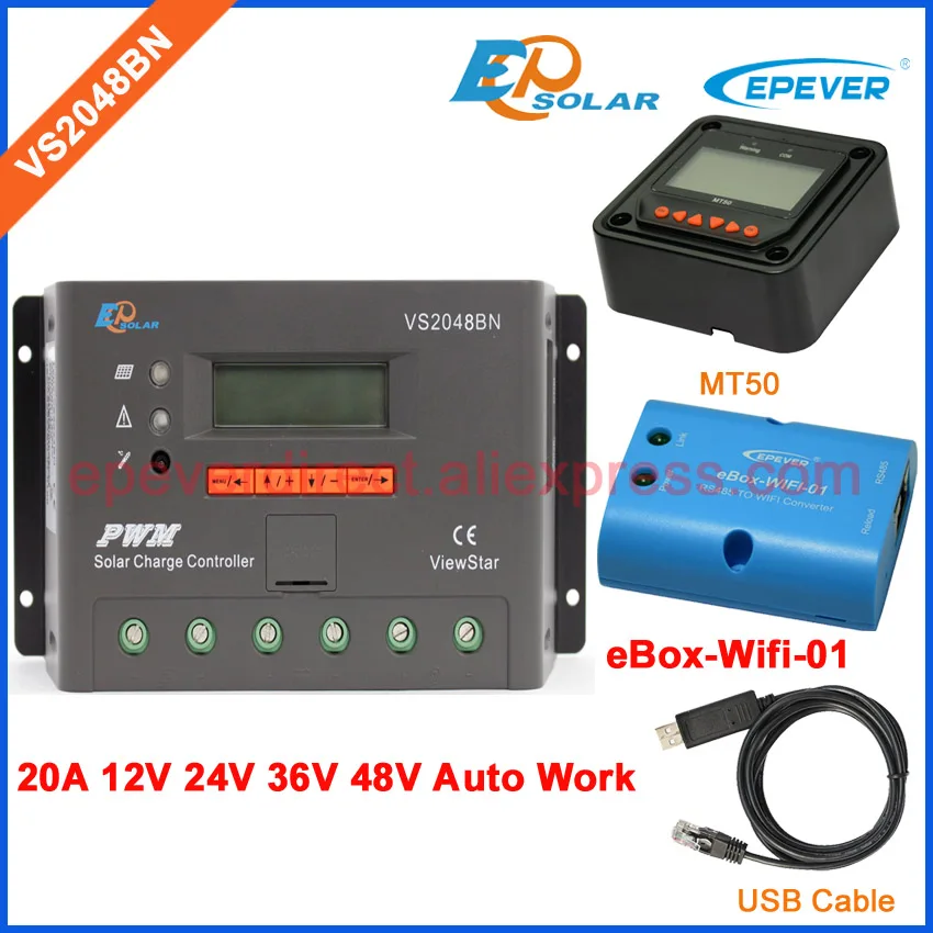 

36V 48V 12V 24V Auto work solar panels controller PWM EPEVER EPSolar VS2048BN wifi adapter and MT50 Meter USB cable 20A