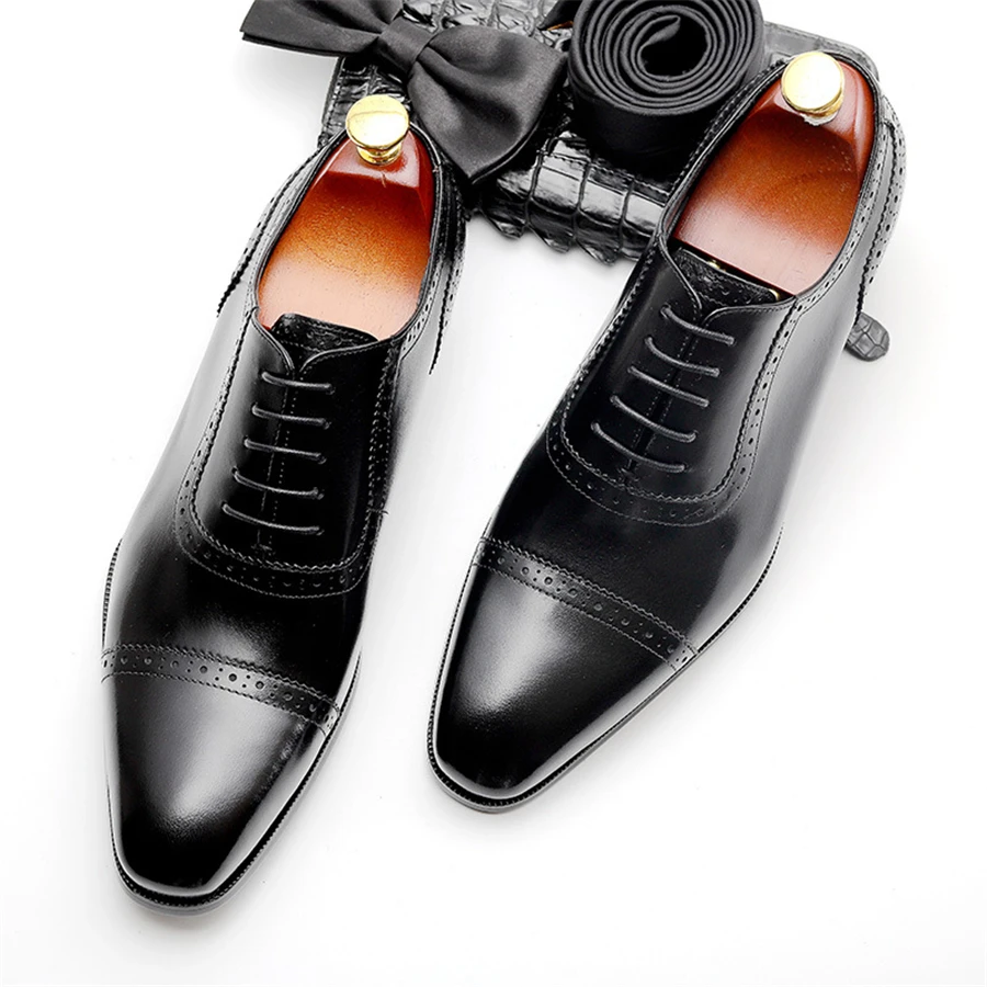 Phenkang Men Genuine Leather Shoes Man Business Dress Classic Style Coffee Black Lace Up Pointed Toe Shoes For Men Oxford