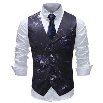 

Mens Hipster Slim Fit Single Breasted Suit Vest 2018 Fashion Floral Print Men Waistcoat Formal Gentleman Vests Colete Masculino