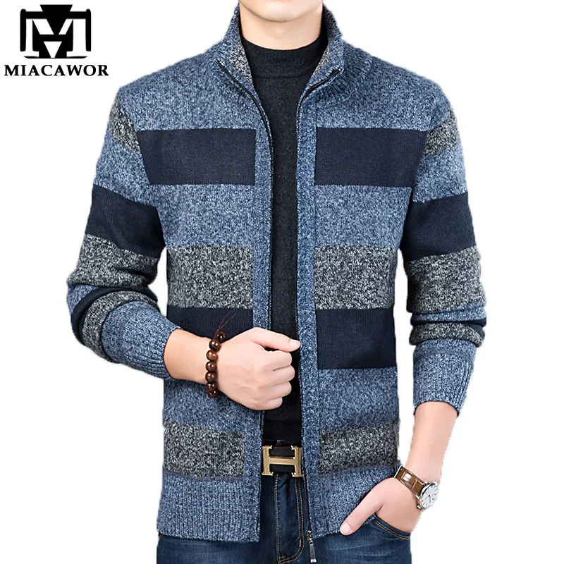

MIACAWOR New 2019 Wool Sweater Men Winter Thick Warm Striped Cardigan Men Fashion Stand Collar Zipper Sweater Coats Y119