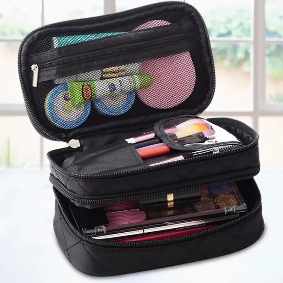 

Creative double-layer multi-functional cosmetic bag, pure color, nylon storage bag, and portable toiletry bag