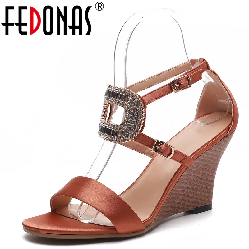 FEDONAS Women Retro Rhinestone Shoes Elegant Solid Woman Sandals Summer Wedges High Heels Buckle Ladies Summer Shoes Woman
