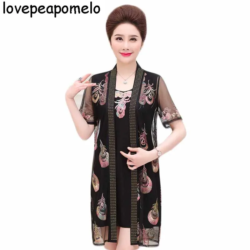 

2018 Summer New Mother Installed Short-Sleeved Mesh Shawl Two Sets Of large Size Middle-Aged Momen Embroidered Vest Dress D218