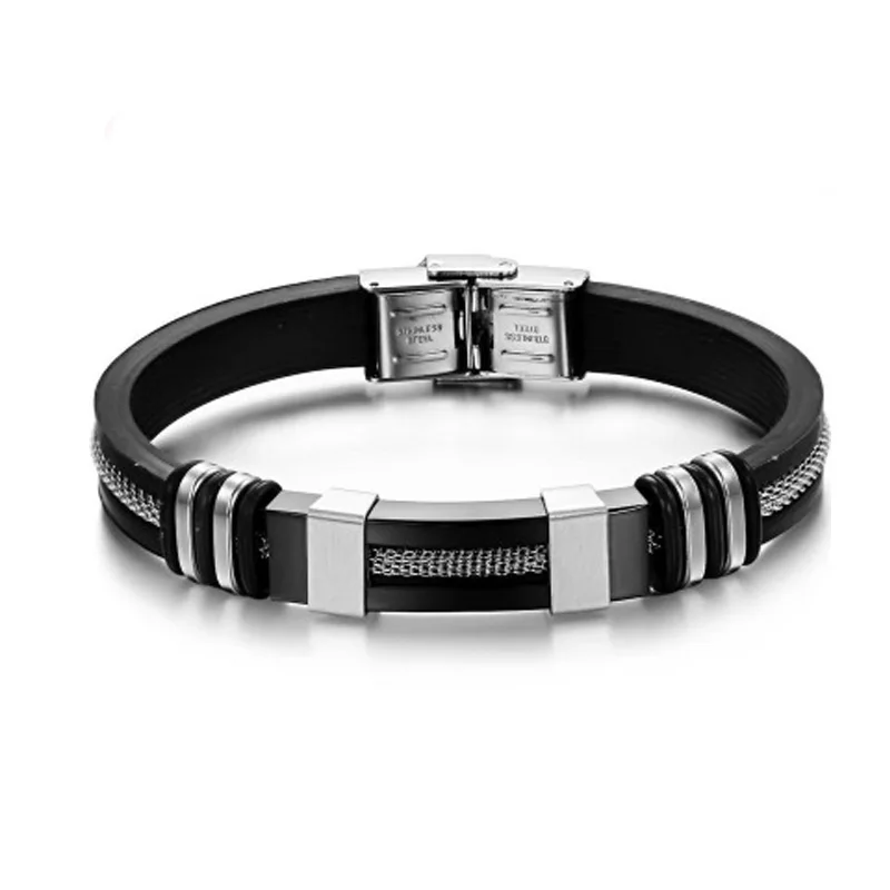 4 цвета, нержавеющая сталь, силиконовый браслет, мужские ювелирные изделия, браслет в стиле панк, дизайн, мужской браслет, резиновый Шарм, Pulsera Hombre - Окраска металла: Black