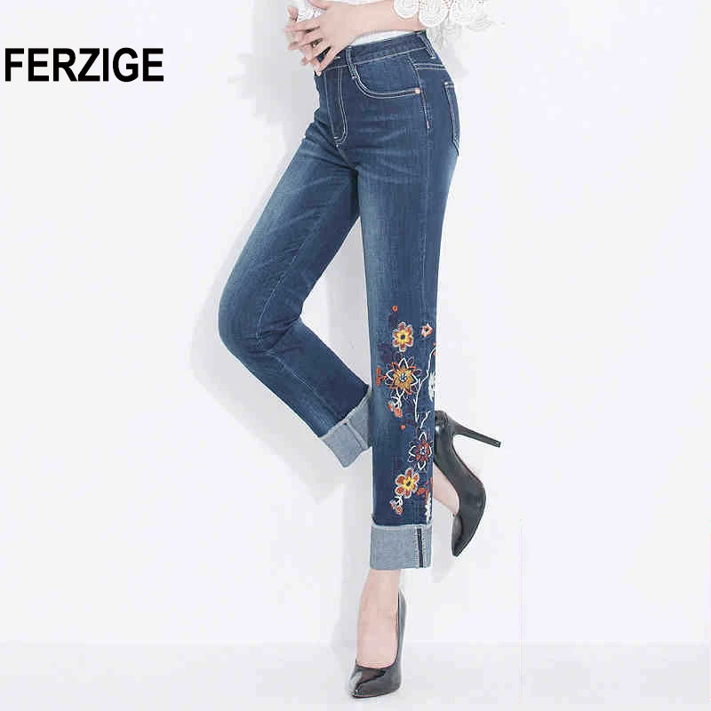 FERZIGE Для женщин джинсы высокой талией цветочной вышивкой прямые зауженные с манжетами темно-синий стрейч ен девушка сексуальный толчок