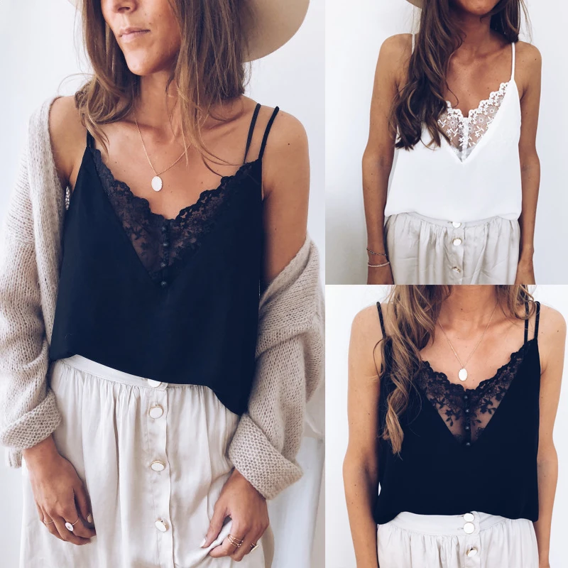 Модный летний сексуальный женский кружевной жилет, майка без рукавов, свободный камзол, повседневная майка с треугольным вырезом