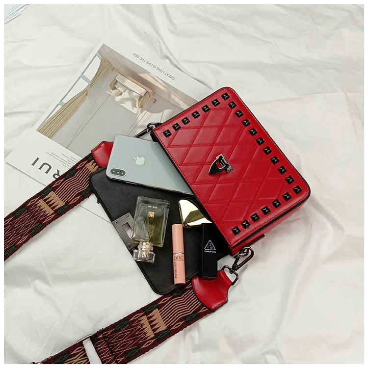 Women's Fashion Rivets Crossbody bag Luxury Brand PU leather Shoulder Bags Female Red Punk Style Wide Strap Street Handbag Purse (12)