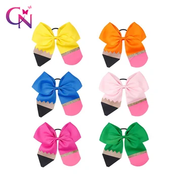

6 Colors 12 Pcs Fashion Pencil Print Glitter Cheer Bows Back To School Barrettes Elastic Hair Rope For Kids Hair Accessories