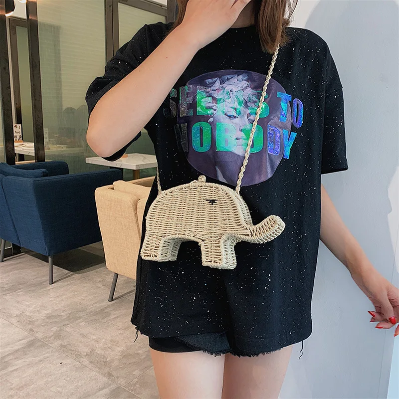 

Ins fashionable straw woven lady's bag Summer new woven elephant mobile wallet trend single shoulder bag inclined bag