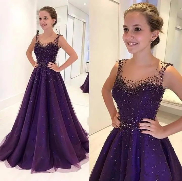

Purple Muslim Evening Dresses 2019 A-line Tulle Beaded Elegant Islamic Dubai Saudi Arabic Long Evening Gown Prom Dress