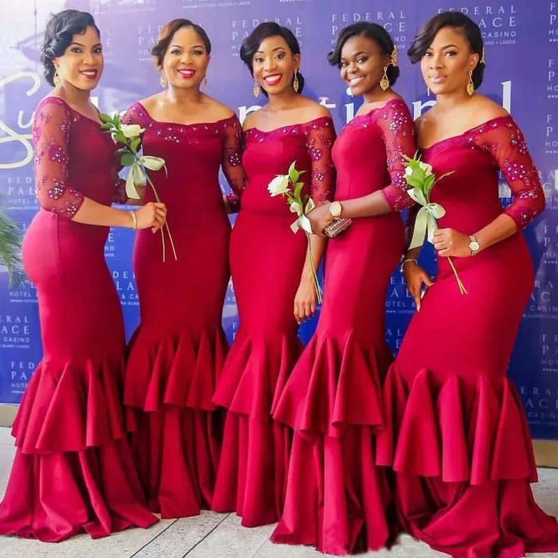 2017 Модест Плюс размер Бисером Русалка Платья Невесты Бургундия Длинные Vestido-де-ла