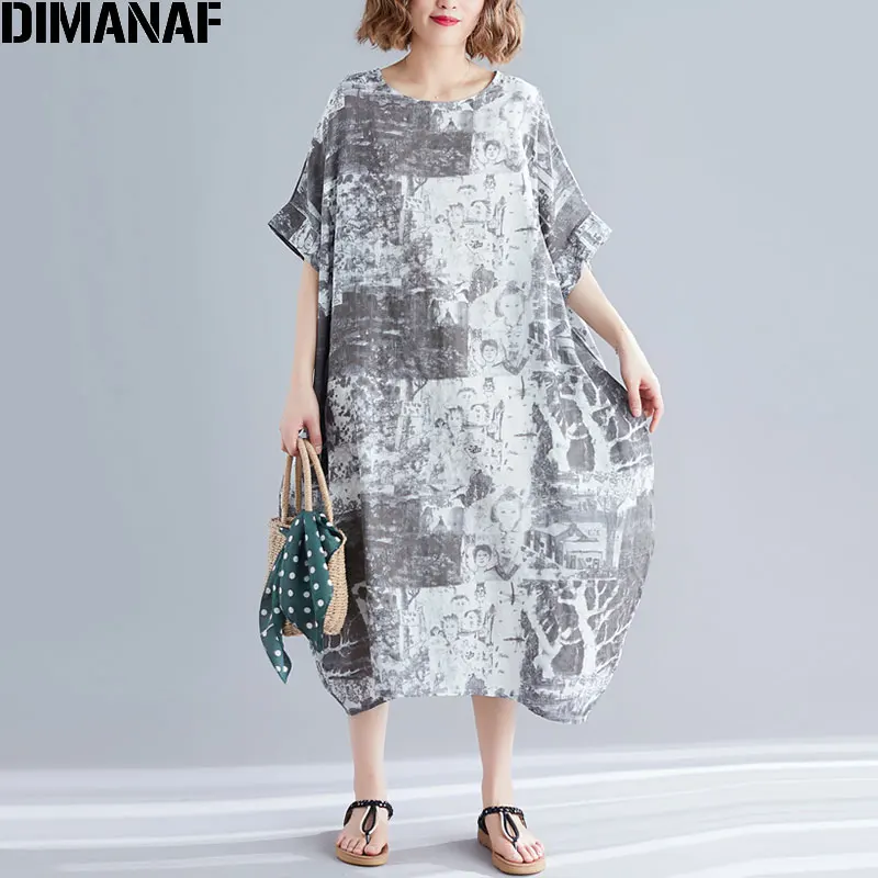 

DIMANAF Women Dress Beach Style Summer Cotton Print Vinatge Loose Big Size Female Lady Vestido Casual Holiday Dress 2019 5XL 6XL