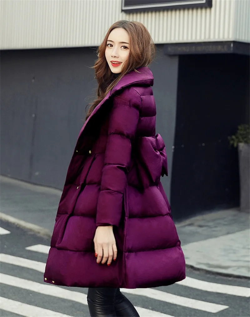 Зимняя куртка, женские пуховые хлопковые утепленные куртки, длинные парки с бантом, повседневное теплое пальто, Женское зимнее пальто с хлопковой подкладкой S152