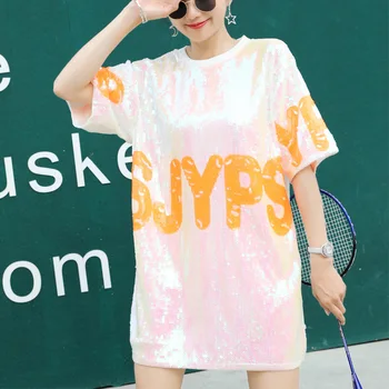 

Korean Polyester Cotton Unicorn Promotion Tumblr Women Free Shipping 2020 New Large Size Loose Tees Long Neck Sequins Tops