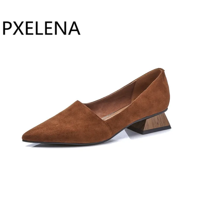 Туфли лодочки PXELENA на низком каблуке женские туфли с острым носком настоящие