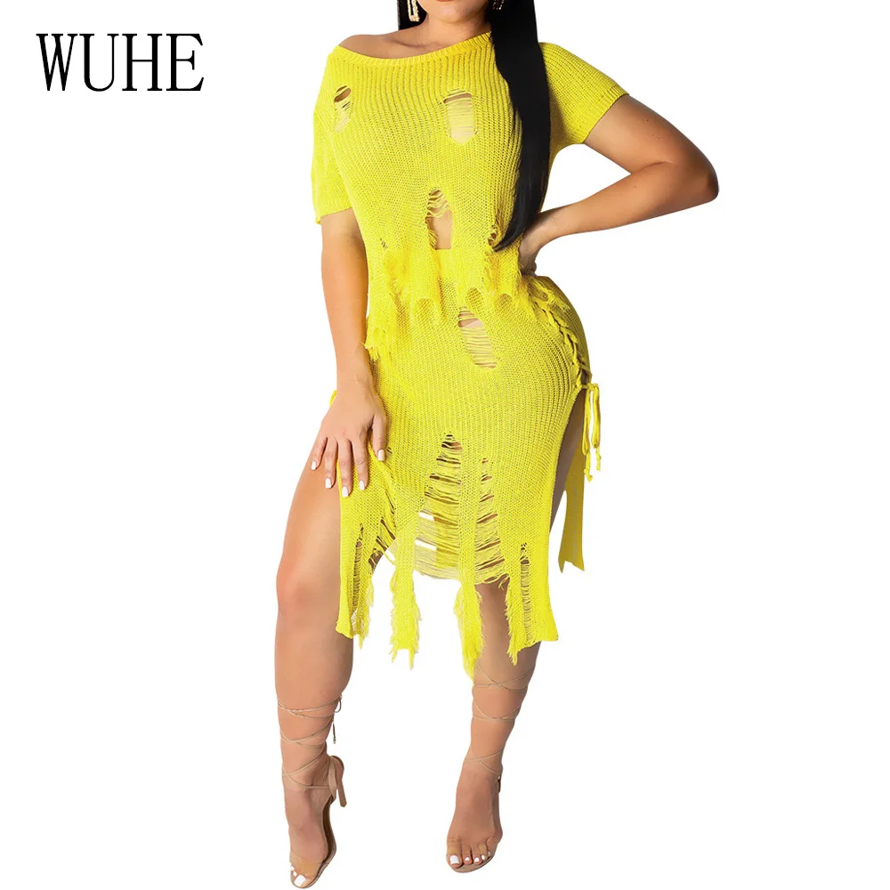 

WUHE Two Piece Sets Hollow Out Boho Crochet Knitted Dress Yellow Women Elegant Short Sleeve O Neck Dress Summer Casual Beachwear