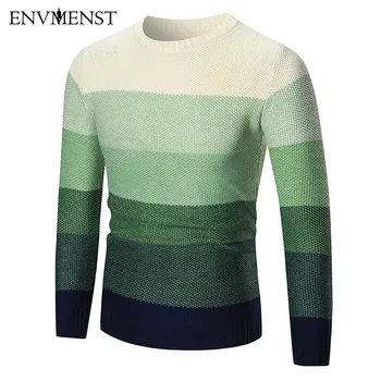 

Envmenst 2017 New Autumn Men Pullover Sweaters Knitting Fashion Gradient Color Splicing Casual Man Knitwear